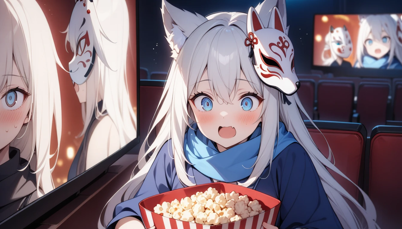 movie theatre、Surprised、Looking at the screen with his mouth wide open, watching a movie while eating popcorn、Watch videos、(masterpiece, best quality:1.2), 1girl, 独奏,Wolf girl, fox mask, ninja, girl, long white hair, odd eyes, blue kimono, ninja girl, red and blue scarf,, light coming in, fantastic atmosphere.night、Shadows of light and darkness、Eyes glowing in the dark、Black fox mask、、long hair that spreads、Glued to the screen