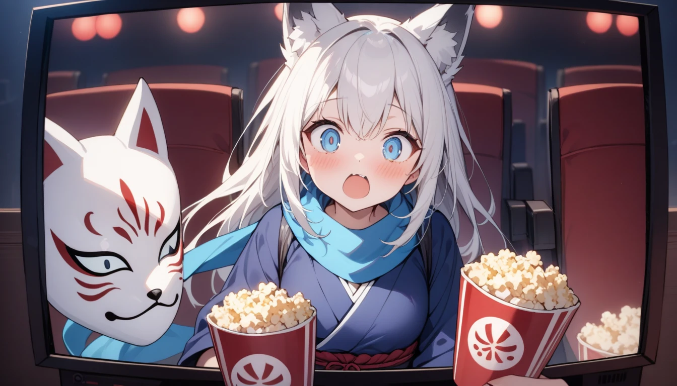 movie theatre、Surprised、Looking at the screen with his mouth wide open, watching a movie while eating popcorn、Watch videos、(masterpiece, best quality:1.2), 1girl, 独奏,Wolf girl, fox mask, ninja, girl, long white hair, odd eyes, blue kimono, ninja girl, red and blue scarf,, light coming in, fantastic atmosphere.night、Shadows of light and darkness、Eyes glowing in the dark、Black fox mask、、long hair that spreads、Glued to the screen