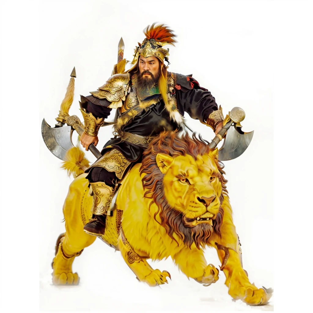 a wild beard ancient chinese warrior with armour holding axes, riding on a lion looked monster, black robe,Gourd on the back,tusk on the lion