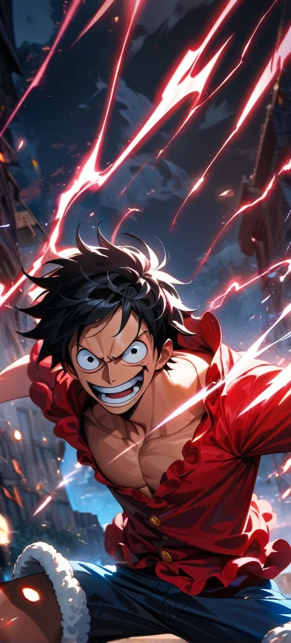 High quality, ,absurdres, highres, ultra detailed, HDR, masterpiece, extremely detailed face and eyes,  Luffy , One Piece,, Black hair ,red shirt, solo, ,man, handsome, ,, Epic fight scene, red splashing effect,red lightning  effect,glowing glitters , 