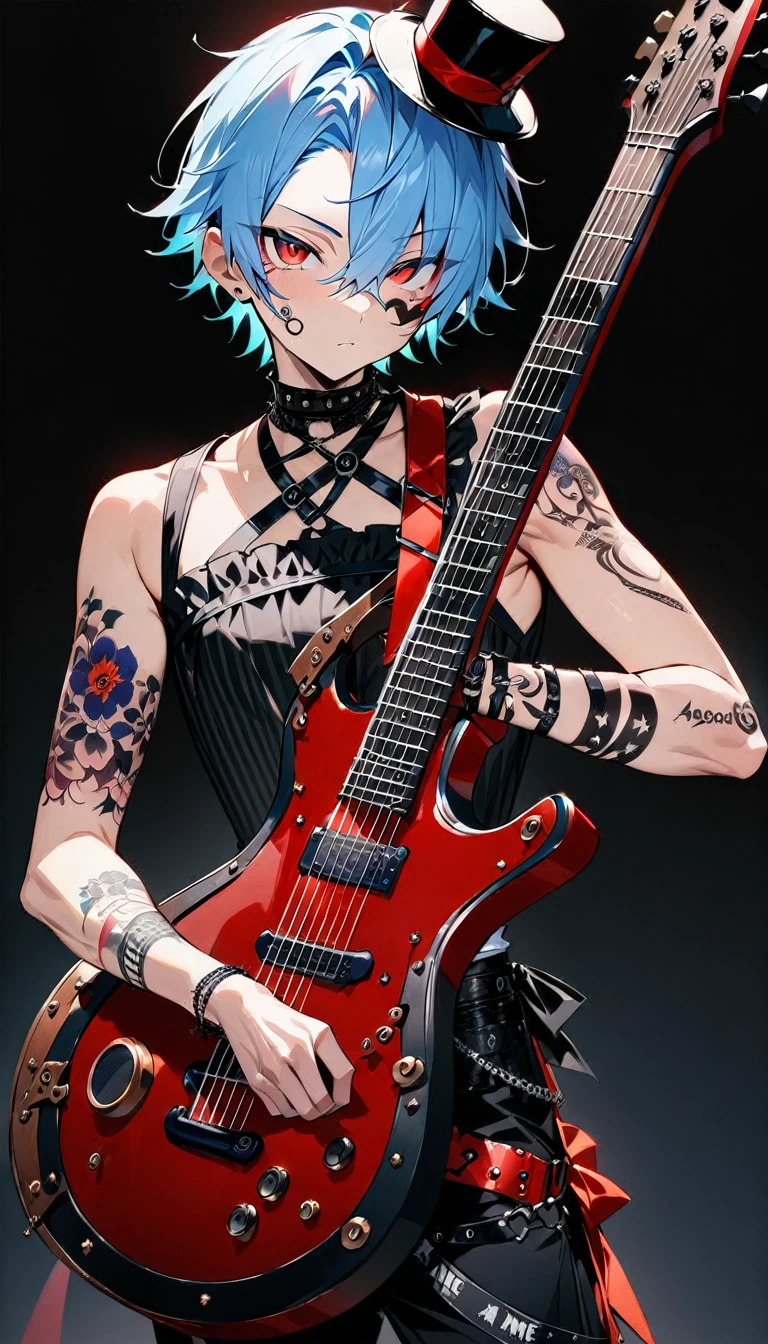 (((masterpiece,Highest quality))),((A male anime character with short blue hair, red eyes, and a tattooed upper arm wearing a visual kei outfit, holding a guitar)),((Steampunk-style electric guitar)),((Steampunk-style electric guitarを持って立っている)),(((Small top hat,Tattoos on the right side of the face and on the arm))),(((Black Background))),Focus on the whole body,(high quality),アニメ