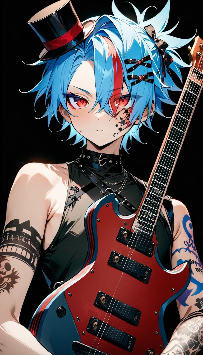 (((masterpiece,Highest quality))),((A male anime character with short blue hair, red eyes, and a tattooed upper arm wearing a visual kei outfit, holding a guitar)),((Steampunk-style electric guitar)),((Steampunk-style electric guitarを持って立っている)),(((Small top hat,Tattoos on the right side of the face and on the arm))),(((Black Background))),Focus on the whole body,(high quality),アニメ
