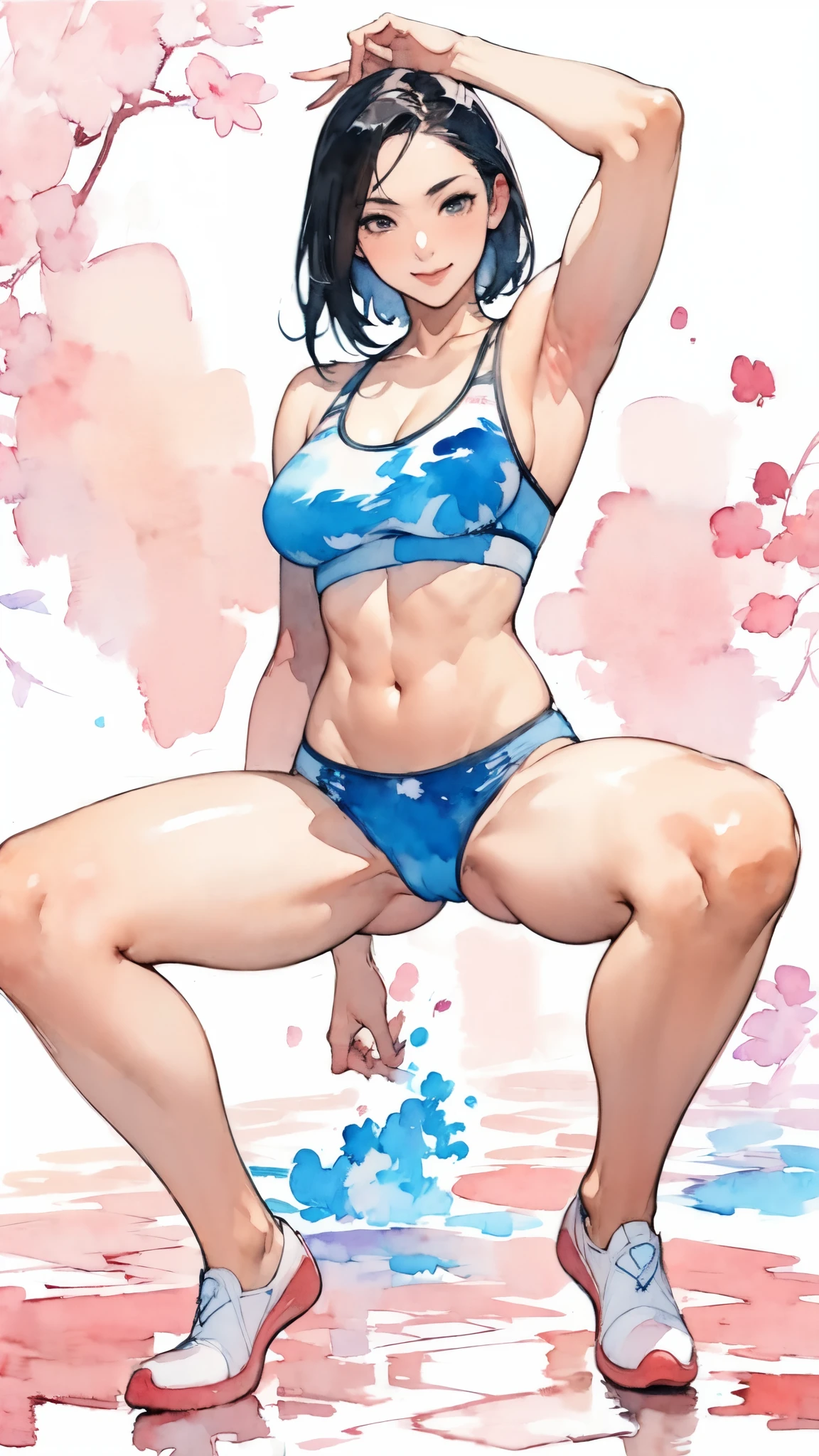 (masterpiece:1.2, Highest quality),(Very detailed),(((watercolor))),8K,wallpaper,(leggings),(Sports Bra),Gravure photoshoot,Middle-aged women,50 years old,Japanese women,ゴージャスなwhole bodyの肖像画,A lovely and delicate face,((Muscular)),(Beautiful Muscles),(Black Hair),(((front))),(((whole body:1.5))),(smile),((Detailed hand drawing)),((Beautiful female hands)),(Big Breasts),(((透明watercolor:1.4))),(((Spread legs, squatting))),(((Armpits)))