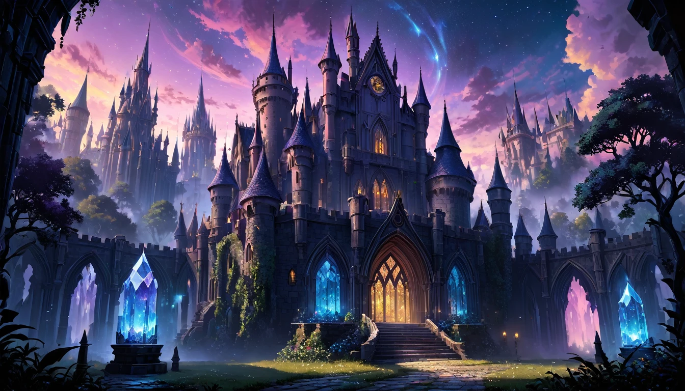 best quality,4k,8k, highres, masterpiece:1.2), ultra-detailed, (large masterpiece digital art), (detailed manga illustration), (detailed line art), (intricate details:1.3), (ultra-detailed:1.3), (illustration:1.3), (sharp focus:1.3), (natural lighting:1.05), (vivid colors:1.3), (masterpiece), best quality, Picture a gothic masterpiece crafted from living crystal, adorned with intricate, glowing runes that shimmer with Eldertide energy. The castle stands tall against a backdrop of an extensive, mystical forest, where crystal spires reach towards the iridescent sky. The sky itself dances with a myriad of colors, creating an otherworldly atmosphere. Chibi minions stand guard or engage in various tasks around the castle, adding a touch of whimsy to the enchanting scene. The image should capture the magical essence of Penny's realm and showcase the harmonious blend of gothic architecture and fantastical elements., Atey Ghailan, Jeremy Mann, Greg Manchess, Antonio Moro, trend in ArtStation, trend in CGSociety, Intricate, High Detail, Sharp focus, dramatic and photorealistic painting art by Midjourney and Greg Rutkowski,