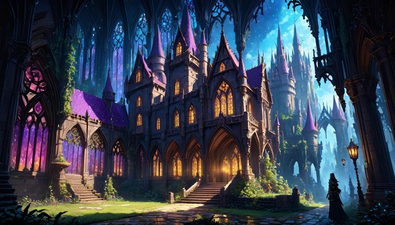 best quality,4k,8k, highres, masterpiece:1.2), ultra-detailed, (large masterpiece digital art), (detailed manga illustration), (detailed line art), (intricate details:1.3), (ultra-detailed:1.3), (illustration:1.3), (sharp focus:1.3), (natural lighting:1.05), (vivid colors:1.3), (masterpiece), best quality, Picture a gothic masterpiece crafted from living crystal, adorned with intricate, glowing runes that shimmer with Eldertide energy. The castle stands tall against a backdrop of an extensive, mystical forest, where crystal spires reach towards the iridescent sky. The sky itself dances with a myriad of colors, creating an otherworldly atmosphere. Chibi minions stand guard or engage in various tasks around the castle, adding a touch of whimsy to the enchanting scene. The image should capture the magical essence of Penny's realm and showcase the harmonious blend of gothic architecture and fantastical elements., Atey Ghailan, Jeremy Mann, Greg Manchess, Antonio Moro, trend in ArtStation, trend in CGSociety, Intricate, High Detail, Sharp focus, dramatic and photorealistic painting art by Midjourney and Greg Rutkowski,