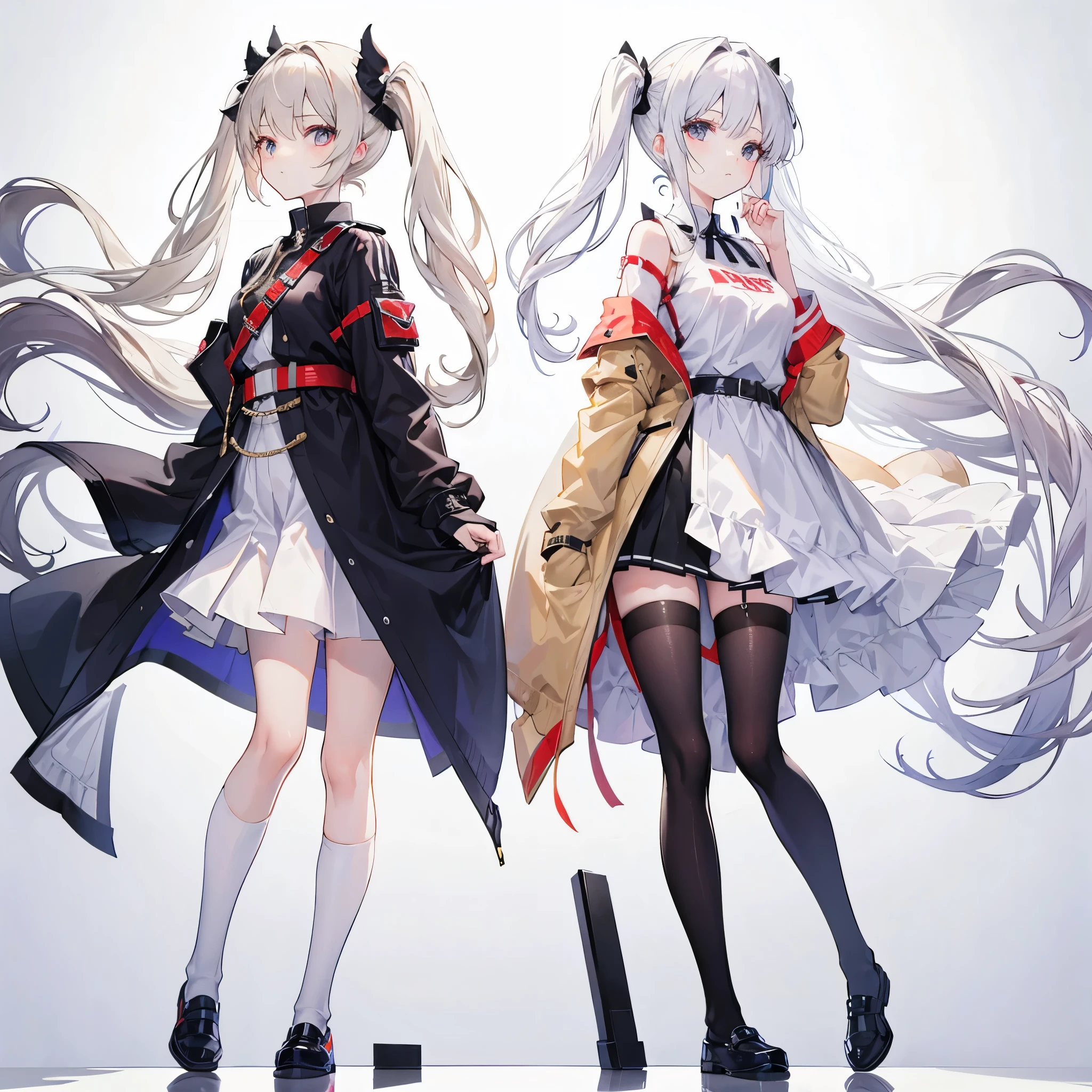 Full body, standing back to back, two girls around 20 years old, beige hair, white hair, twin tails, long hair, white background