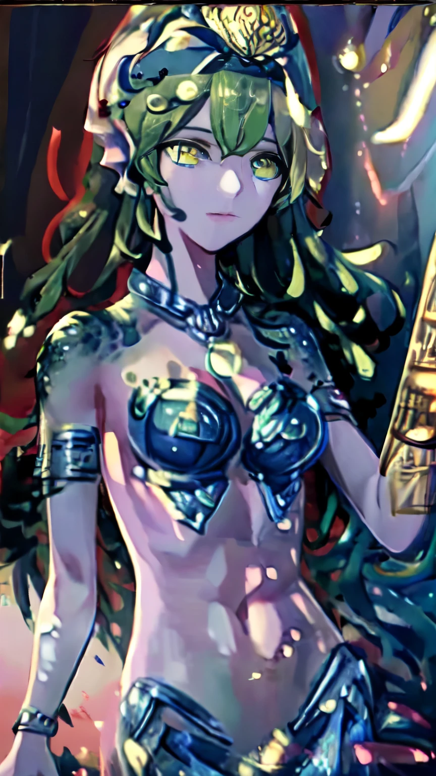 (illustration:1.8),(best quality),(masterpiece:1.5),masterpiece,extremely detailed CG unity 8k wallpaper),depth of field, mermaid, 1girl, solo, midriff, navel, armpits, bra, fins, gills, bracelet, armlet, necklace, pearls, choker, gold, jewelry, full body, Shikieiki Yamaxanadu, green hair