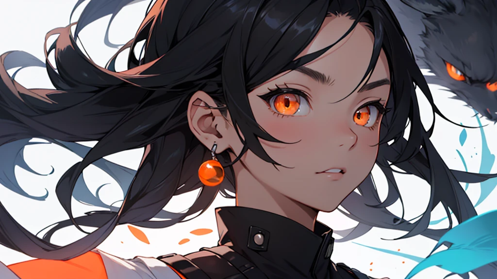 Girl with orange eyes and black hair looking to the side. 1 person,She has long black hair . She has orange eyes、Has a serious expression。.