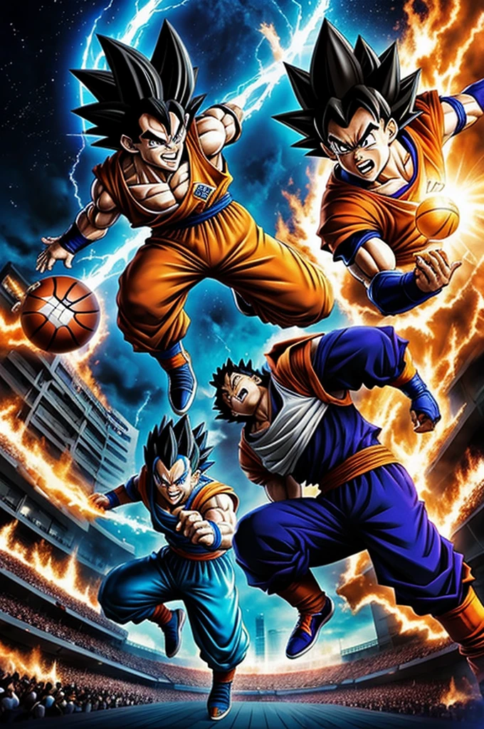 Crea a Godzilla, Vegeta and Goku playing basketball