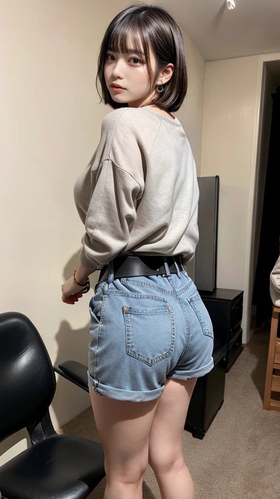 masterpiece, best quality, illustration, Super detailed, fine details, High resolution, 8K,wall paper, perfect dynamic composition, full body photo, back view, Put your hands on the chair and stick your butt out., (Details High quality, realistic depiction of eyes:1.3), 20 year old girl, Gravure Idol, cute type, large breasts, short bob hair, black hair color, Korean style makeup, Big Natural Color Lip, thick thighs, perfect body shape, plump figure,large hips, champion gray sweatshirt, denim short pants, Leather belt, necklace, earrings, messy room