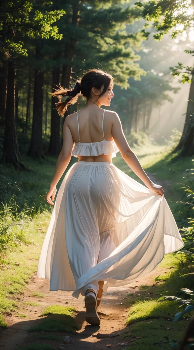 High resolution, (Official Art, beautifully、aesthetic: 1.2), Close-up, A vast world, girl, running, A refreshing smile, Long skirt, Distant Horizon, forest, Natural Beauty, Inspiration, Light effects