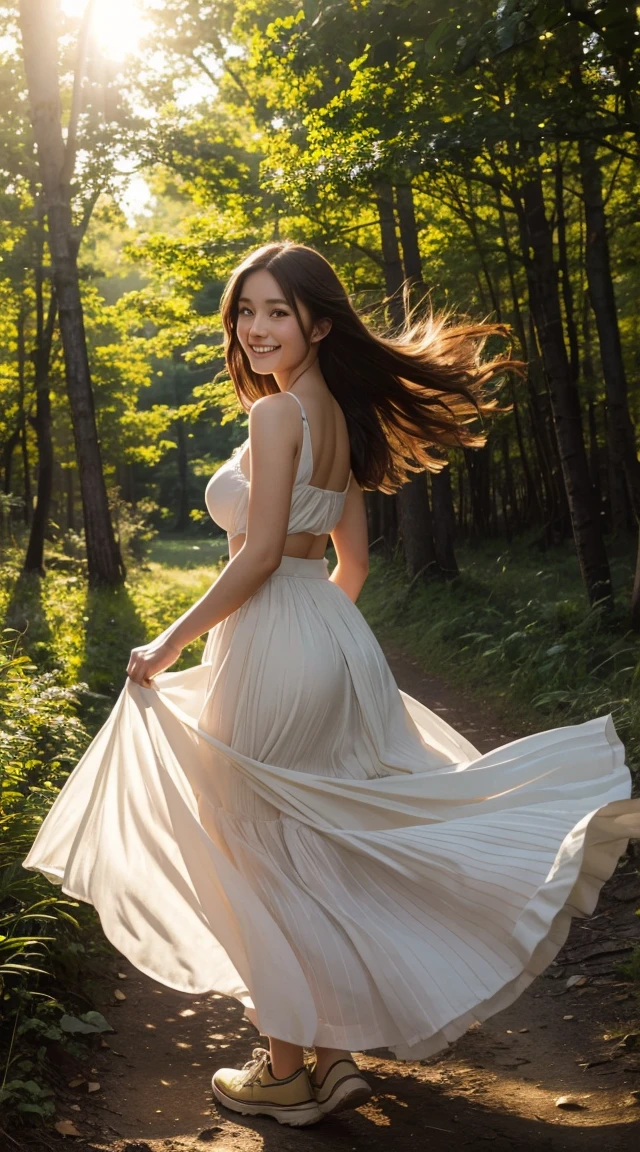 High resolution, (Official Art, beautifully、aesthetic: 1.2), Close-up, A vast world, girl, running, A refreshing smile, Long skirt, Distant Horizon, forest, Natural Beauty, Inspiration, Light effects