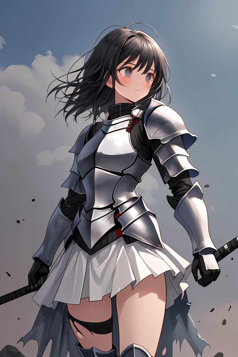 female knight　Black Hair　Cracked Armor　Torn Skirt　Torn white underwear　battlefield