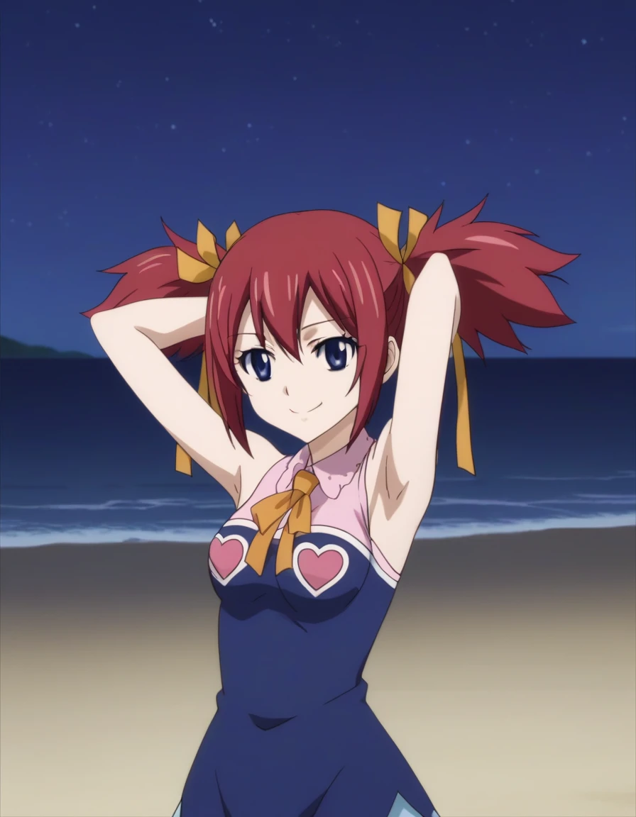 chelia_blendy, source_anime, rating_safe, intricate details, anime screencap, anime coloring, 1girl, solo,  red hair, blue eyes, ribbon, hair ribbon, twintails, short twintails, looking at viewer, solo, contrapposto, spread armpit, arms behind head, smile, looking at viewer, (cowboy shot:1.5), closed mouth, night sky, beach, high quality,