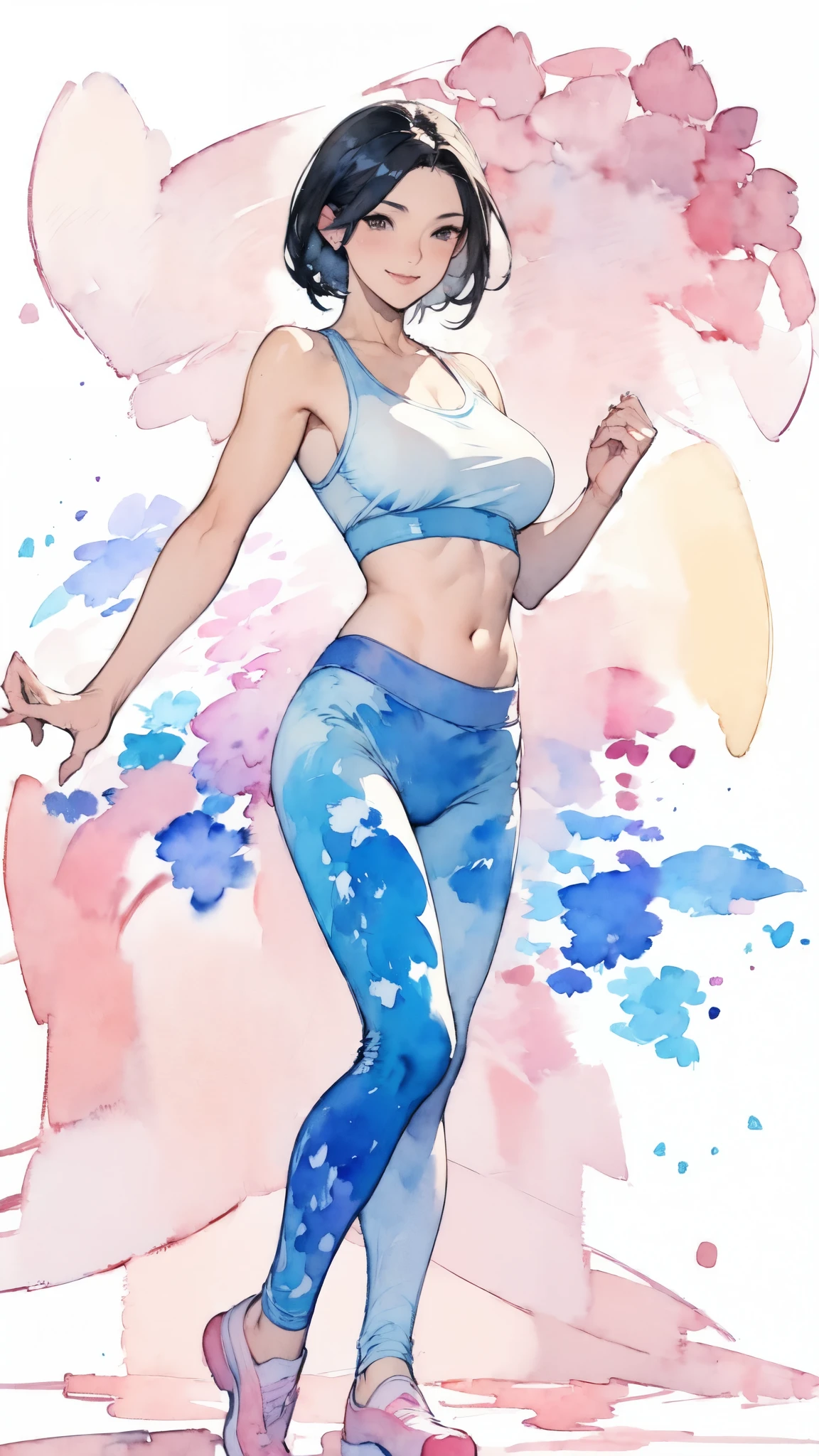 (masterpiece:1.2, Highest quality),(Very detailed),(((watercolor))),8K,wallpaper,(leggings),(Sports Bra),Gravure photoshoot,Middle-aged women,50 years old,Japanese women,ゴージャスなwhole bodyの肖像画,A lovely and delicate face,((Muscular)),(Beautiful Muscles),(Black Hair),(((front))),(((whole body:1.5))),(smile),((Detailed hand drawing)),((Beautiful female hands)),(Big Breasts),(((透明watercolor:1.4))),(((Dancing)))
