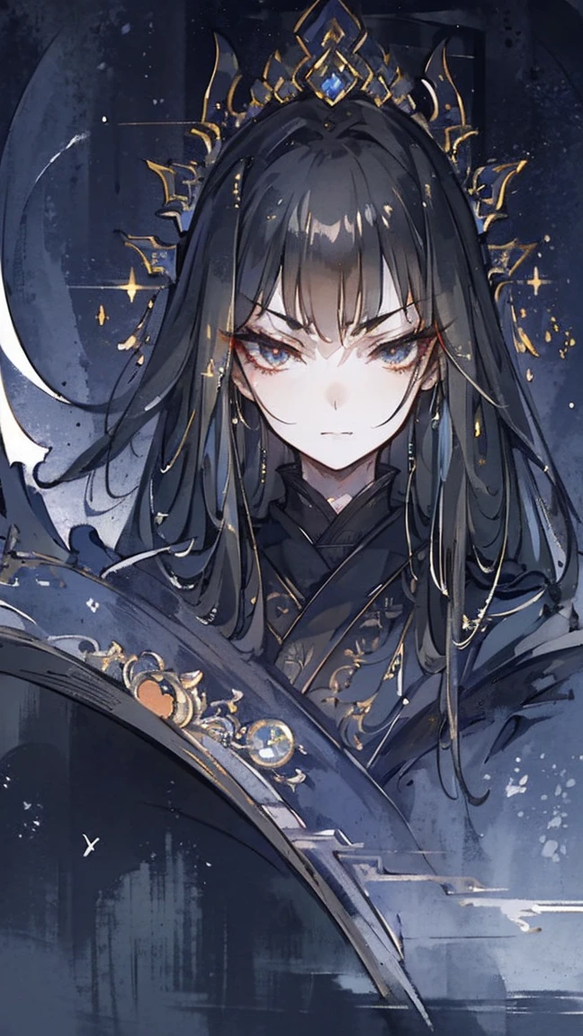 (extremely detailed 8K wallpaper),(ultra-detailed),(best quality),(masterpiece),(highly detailed),(cinematic lighting),(Original),Cold ligh,moody,((headshot)),(Chinese elaborate-style painting),1girl,solo,black hair,black robe,plain clothing and decoration,(((Eyes sparkling in the moonlight))),((villain image)),(((arrogant expression)))