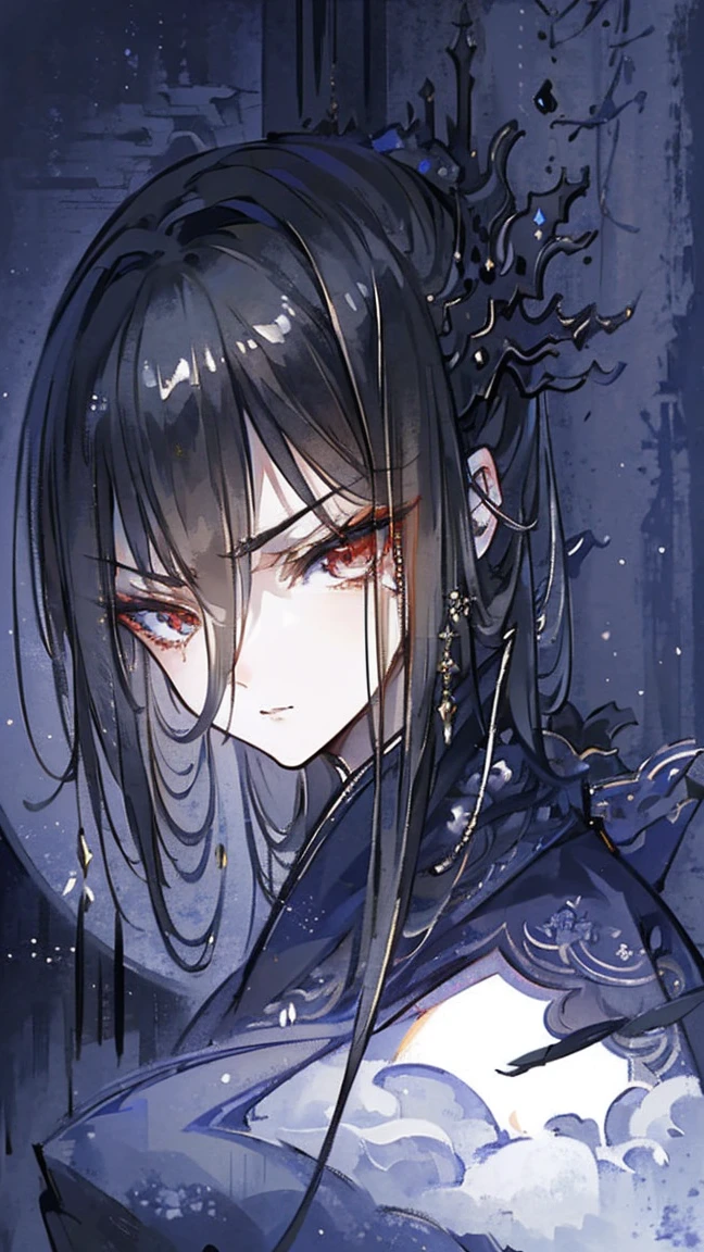(extremely detailed 8K wallpaper),(ultra-detailed),(best quality),(masterpiece),(highly detailed),(cinematic lighting),(Original),Cold ligh，moody,((headshot)),(Chinese elaborate-style painting),1girl,solo,black hair，black robe,plain clothing and decoration，(((Eyes sparkling in the moonlight))),((villain image)),(((arrogant expression)))