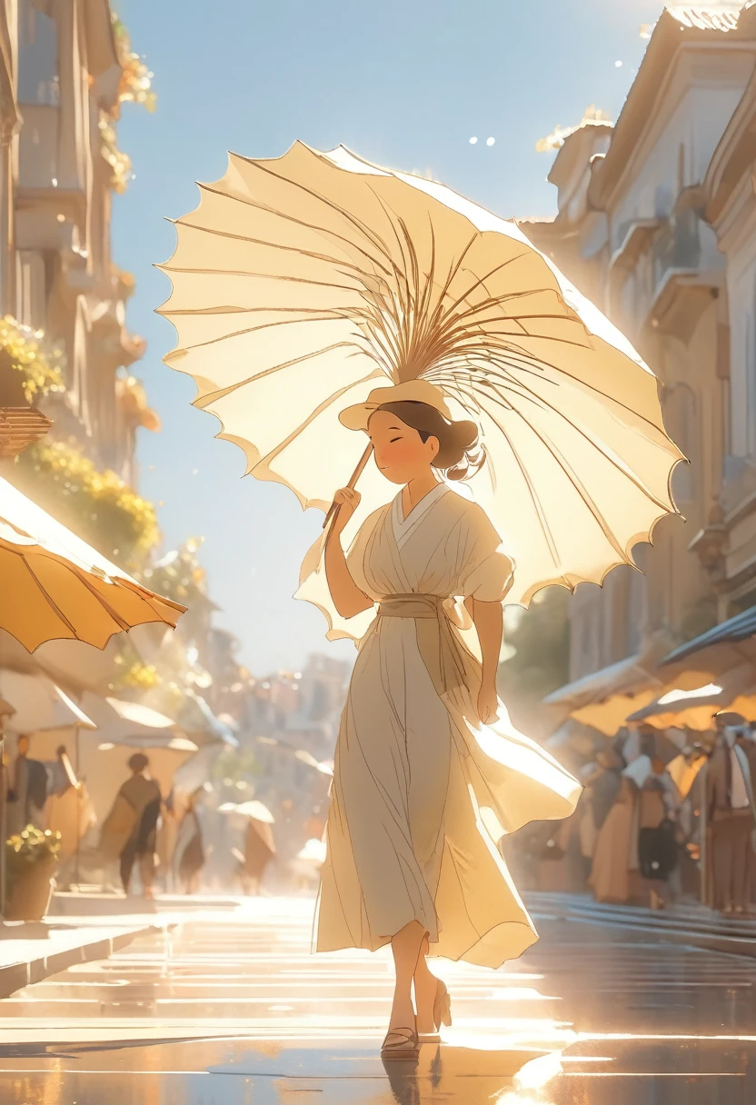 ((Masterpiece)), ((Best Quality)), (Very Detailed), ((Very Detailed)), 4K, (8K), very aesthetic, absurdres highres, A woman walking with a white parasol is wiping her sweat in the strong sunlight on a city street. Her summer clothes are wrinkled and sweat marks are visible. There are buildings in the background, and the reflected light is dazzling. The whole atmosphere is warm and quiet,