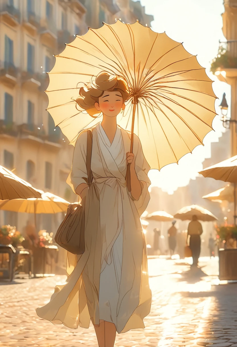 ((Masterpiece)), ((Best Quality)), (Very Detailed), ((Very Detailed)), 4K, (8K), very aesthetic, absurdres highres, A woman walking with a white parasol is wiping her sweat in the strong sunlight on a city street. Her summer clothes are wrinkled and sweat marks are visible. There are buildings in the background, and the reflected light is dazzling. The whole atmosphere is warm and quiet,