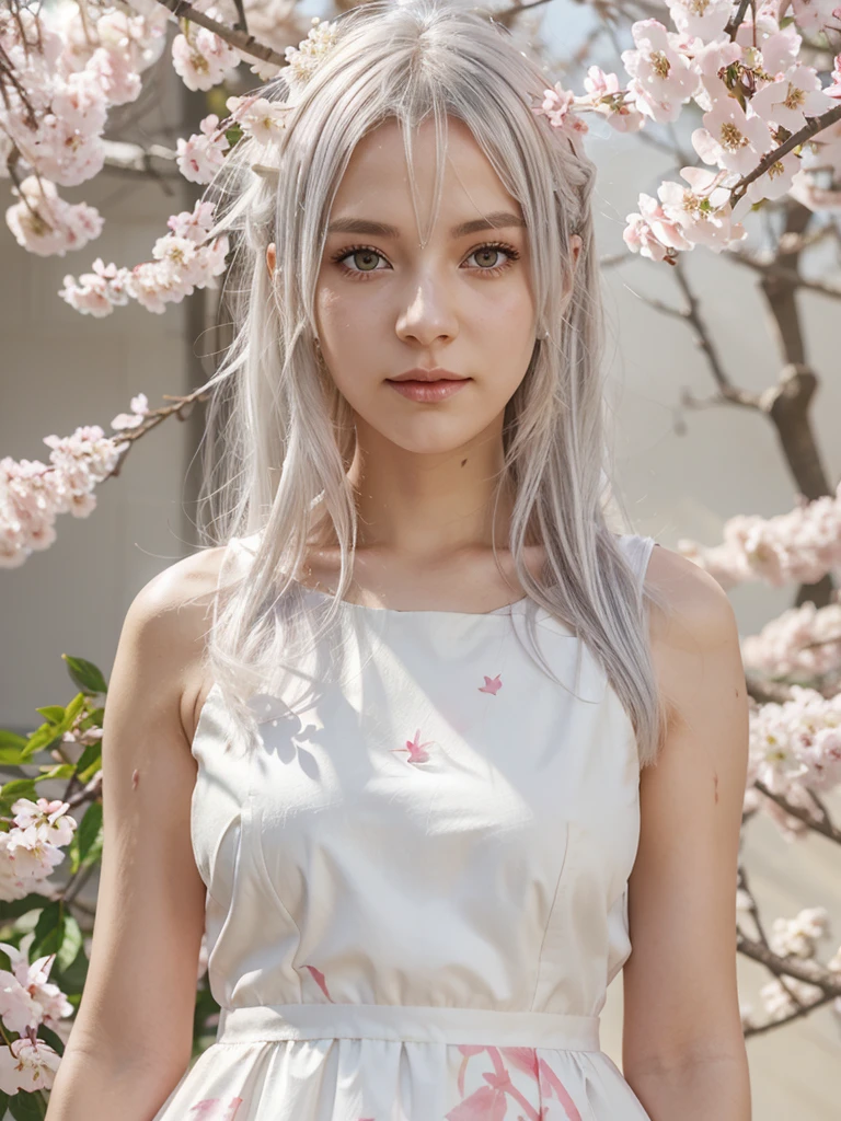 Light silver hair, yellow eyes, pink and white, sakura leafs, vivid colors, white dress, paint splash, simple background, ray tracing, normal hair