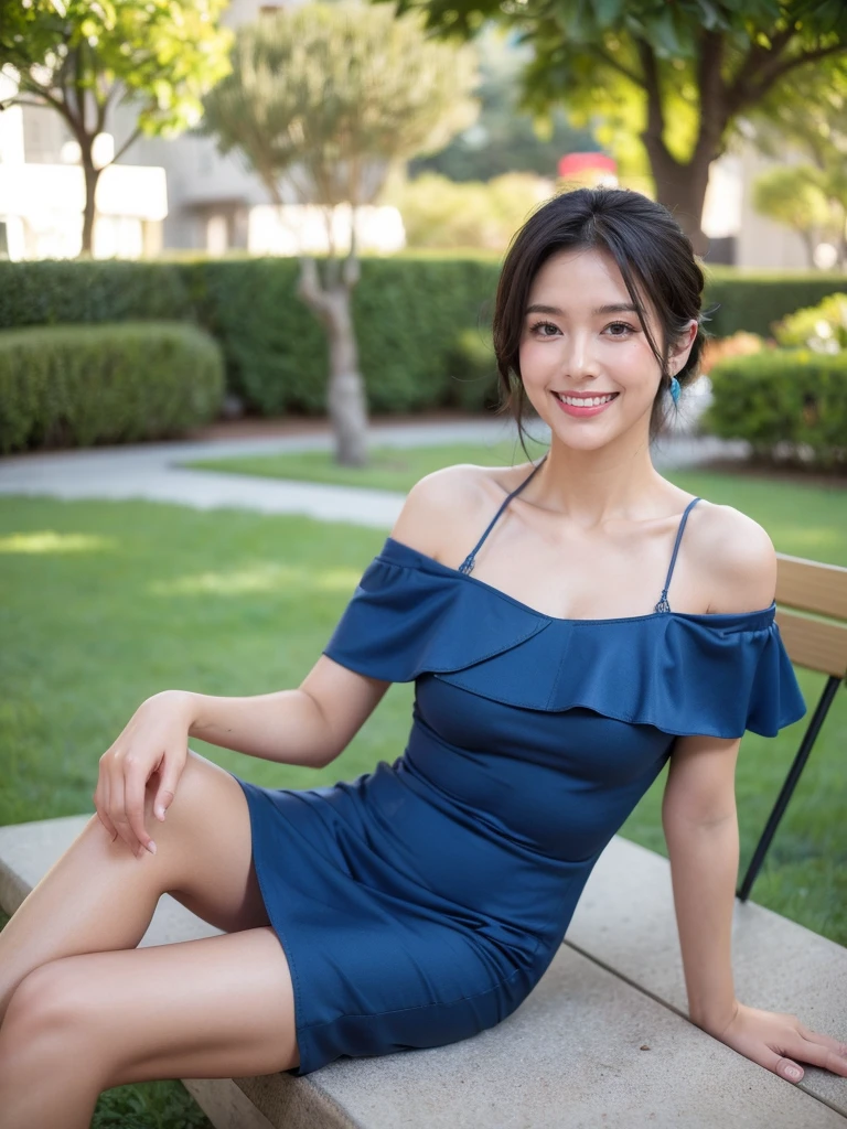 最high quality, 8K, Masseter area, Energetic, Clear focus, high quality, high resolution, Delicate face, Fine particles, thick lips, (Looking at the audience), Solitary, Beautiful woman, 38 years old, Plum, Black short hair,  (Blue Off-shoulder Spaghetti Strap Dress:1.5), afternoon、In front of the park garden,（Sitting on a bench：1.5）、((Smile:1.5))、((Wearing black high heels))
