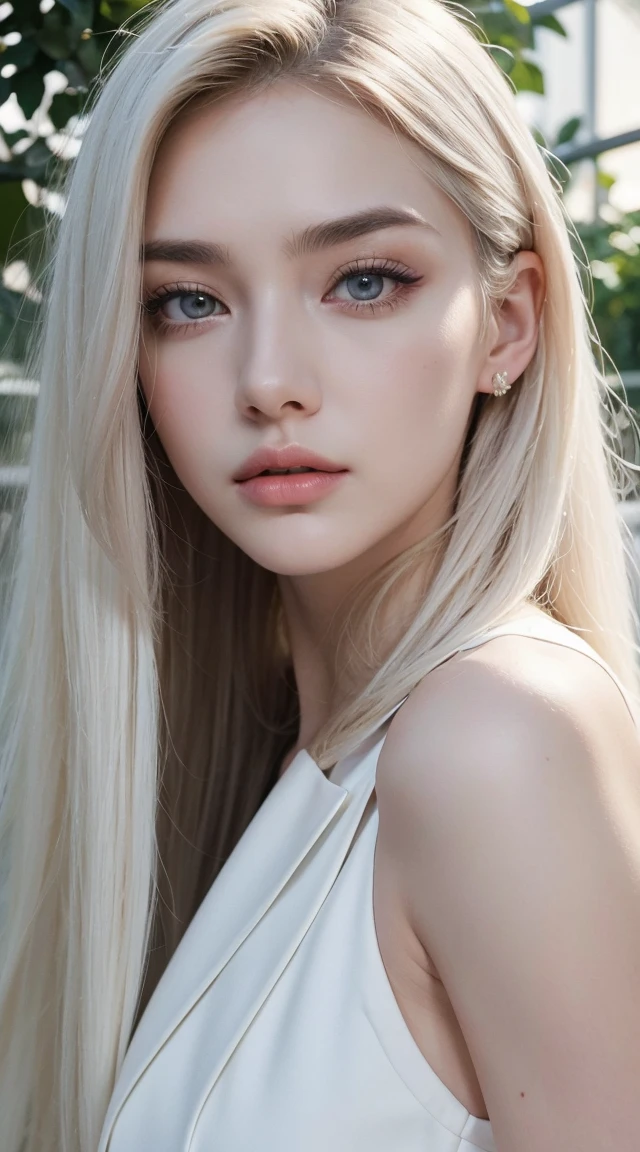 masterpiece, Highest quality, (alone focus), (Perfect Face:1.1), (High detail:1.1), (Ultra-detailed eyes), dramatic, 1 person, (Pale skin), Long white hair, Psychic Eyes, (Thin eyebrows), alone, Long Hair, Tiago Azevedo, moon, night, White luxury suit, Pouting, fur, Proud look,garden, Detailed Background, Art by artgerm, Cinema Lighting, rose, fashion, Balenciaga Style