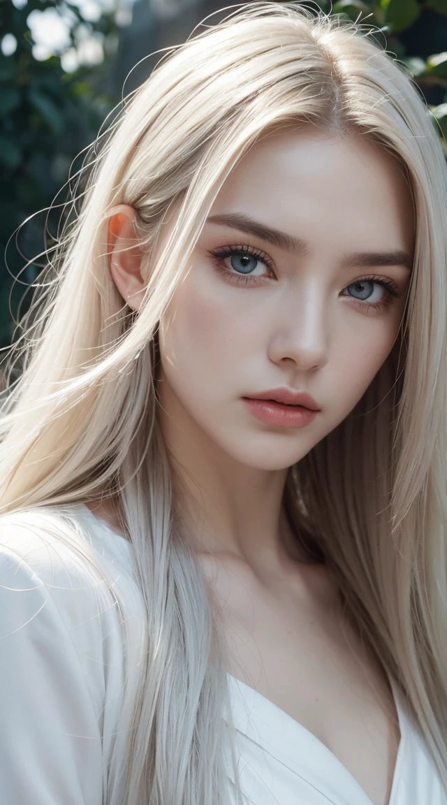 masterpiece, Highest quality, (alone focus), (Perfect Face:1.1), (High detail:1.1), (Ultra-detailed eyes), dramatic, 1 person, (Pale skin), Long white hair, Psychic Eyes, (Thin eyebrows), alone, Long Hair, Tiago Azevedo, moon, night, White luxury suit, Pouting, fur, Proud look,garden, Detailed Background, Art by artgerm, Cinema Lighting, rose, fashion, Balenciaga Style