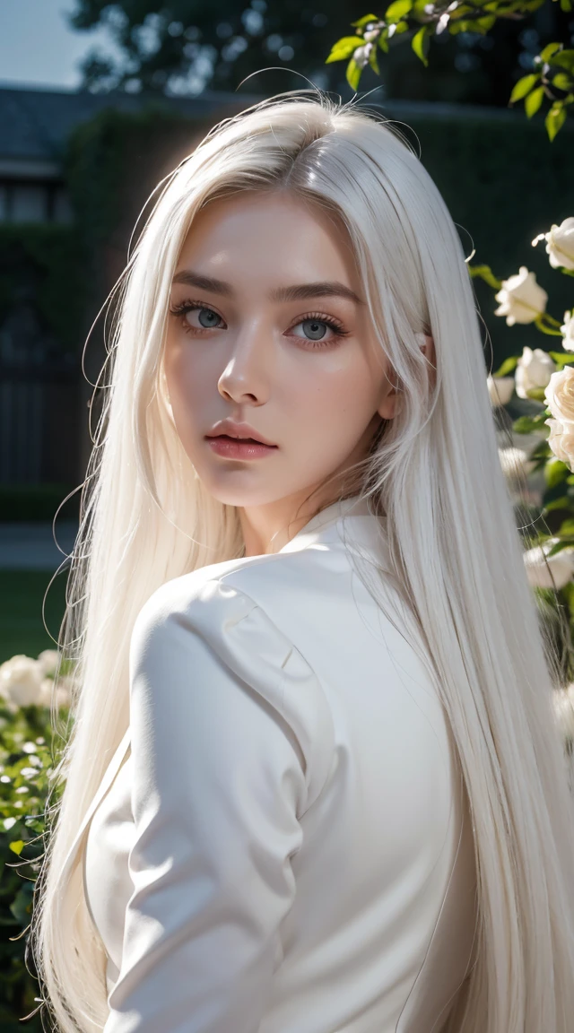 masterpiece, Highest quality, (alone focus), (Perfect Face:1.1), (High detail:1.1), (Ultra-detailed eyes), dramatic, 1 person, (Pale skin), Long white hair, Psychic Eyes, (Thin eyebrows), alone, Long Hair, Tiago Azevedo, moon, night, White luxury suit, Pouting, fur, Proud look,garden, Detailed Background, Art by artgerm, Cinema Lighting, rose, fashion, Balenciaga Style