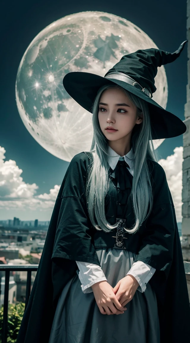 Highest quality, Very detailed, masterpiece, Super detailed, cloud, witch_Have, Have, One girl, null, green_null,Day, length_hair, cloudy_null, moon,bird, alone, Silver_hair, witch, Outdoor 