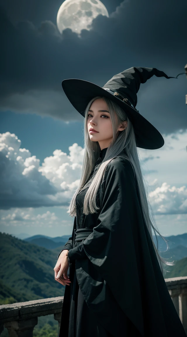 Highest quality, Very detailed, masterpiece, Super detailed, cloud, witch_Have, Have, One girl, null, green_null,Day, length_hair, cloudy_null, moon,bird, alone, Silver_hair, witch, Outdoor