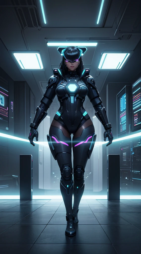Cyberpunk style, ebony avatar, cyberspace, wireframe, matrix, tron, minimal, abstract, virtual reality, black background, neon lights, virtual interface, looking at camera, (ebony), dreads, sexy, thic, vr headset 