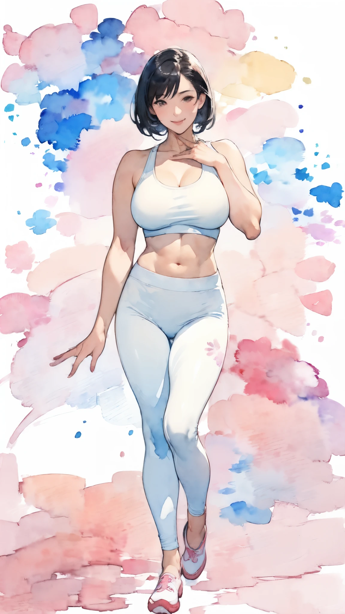 (masterpiece:1.2, Highest quality),(Very detailed),(((watercolor))),8K,wallpaper,(leggings),(Sports Bra),Gravure photoshoot,Middle-aged women,50 years old,Japanese women,ゴージャスなwhole bodyの肖像画,A lovely and delicate face,((Muscular)),(Beautiful Muscles),(Black Hair),(((front))),(((whole body:1.5))),(smile),((Detailed hand drawing)),((Beautiful female hands)),(Big Breasts),(((透明watercolor:1.4))),(((moonwalk)))