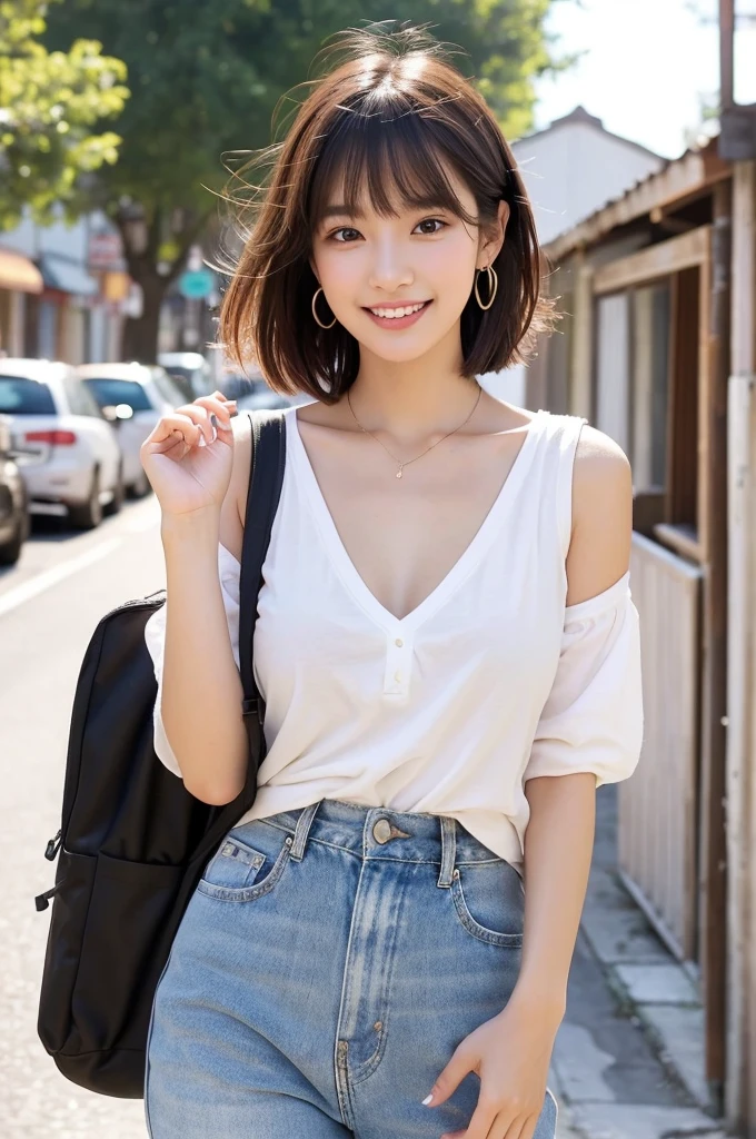 Woman travelling with no money, wearing dirty and tattered clothes and carrying a backpack, rural town in western USA, rental house, senior year in college, ((full body)), ((photo)), ((best qualtiy, 8K, tmasterpiece:1.3)), Focus:1.2, perfect figure beautiful girl:1.4, 1girl, cowboy shot, look at viewer, incredibly absurd, beautiful and cute girl with a photorealistic face, showcasing top-quality craftsmanship, A Japanese woman walking around town as a backpacker, 20 years old, very short brown hair, short bangs, longer hair on the sides, soft hair with a beautiful flow, clear facial features, large light brown eyes, double eyelids, long eyelashes, small nose, plump pink lips, white teeth, impressive smile, gentle eyes, fair and smooth skin, tall, glamorous, slender, 163cm tall, large G-cup breasts, simple and casual style, fashion that emphasizes her chest, earrings, necklace, favorite camera, cheerful and energetic older sister, beautiful girl, pretty, leader, curious, proactive, positive, sticks to her beliefs, sociable, honest, good at encouraging others, polite, walks with a spring in her step, September