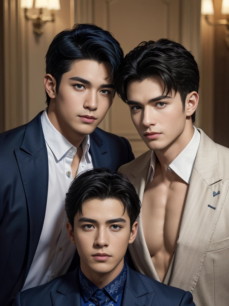 ((masterpiece)),((best quality)),8K,high detail,Very detailed, Very manly,3 men, like,fashion pose, Realistic skin texture, Light,
Royal blue style couple
