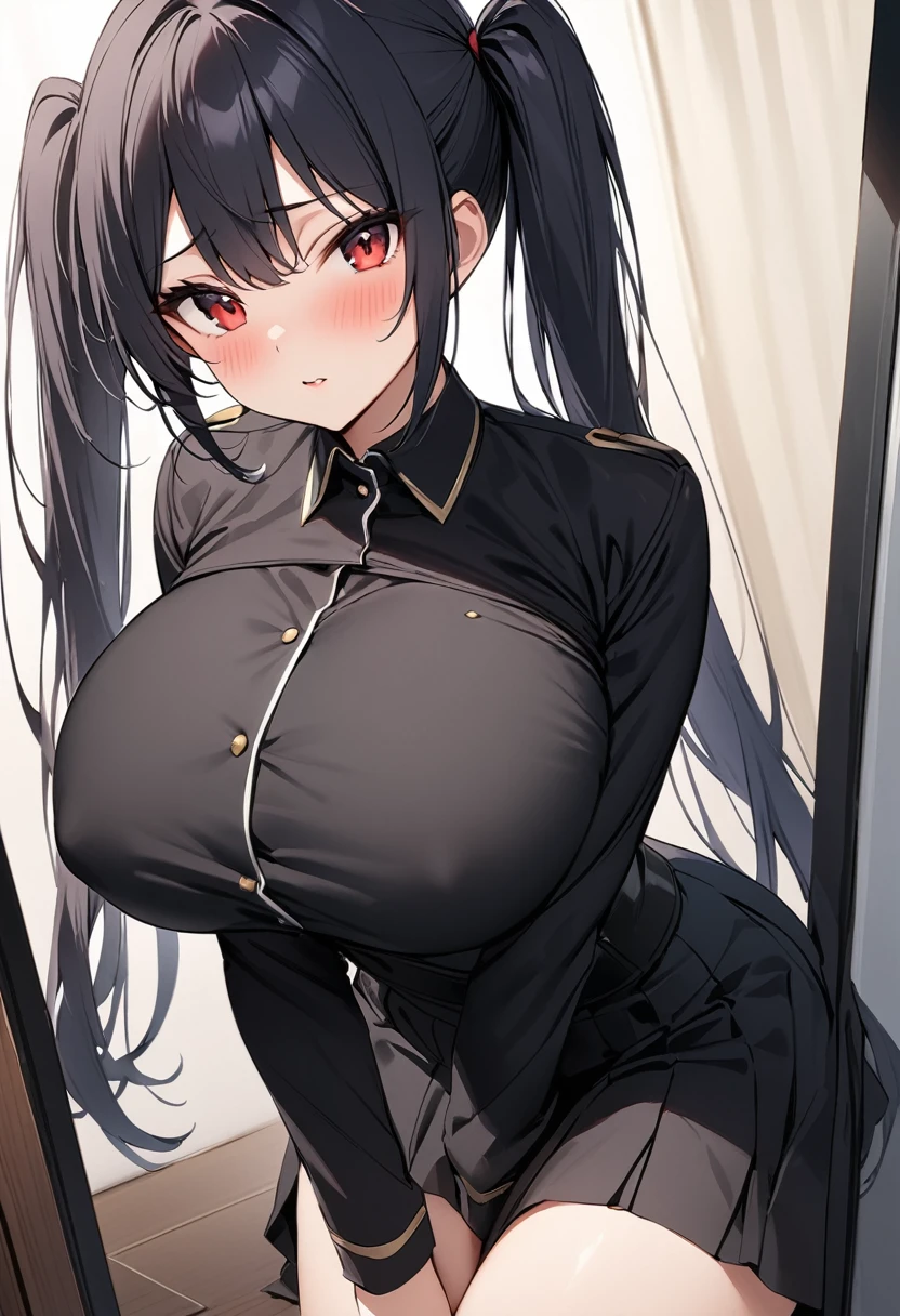 masterpiece、Highest quality、Best image quality、High resolution、Big Breasts、Black Hair、Red Eyes、Twin tails、Black Uniform、Unbranded uniform