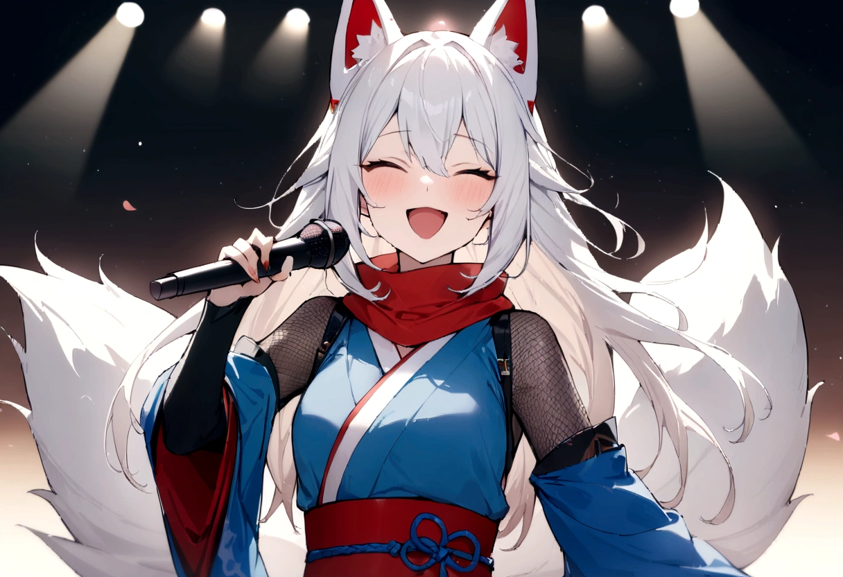 solo、shout、studio、recording、smile、Wink、microphoneを持ってshout、Enthusiastic singing、Visible valley、口を大きく開けshout、Sing a song、microphone、(masterpiece, best quality:1.2), 1girl, 独奏,Wolf girl, fox mask, ninja, girl, long white hair, odd eyes, blue kimono, ninja girl, red and blue scarf, fantastic atmosphere.night、Singing on stage、microphoneを持ってshout、、Aside exposure、Black fox mask、Shining Spotlight