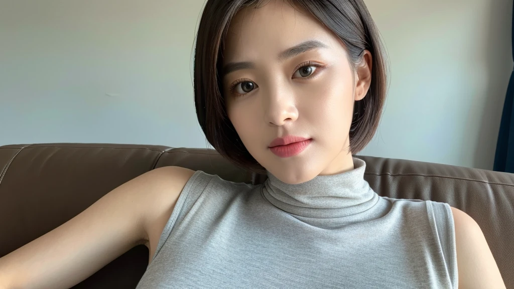 (detailed face),VIVID,normal breasts,pretty,sleeveless and turtle neck white silky clothes,4k ,super high resolution ,(photo-realistic: 1.7),gray furniture,