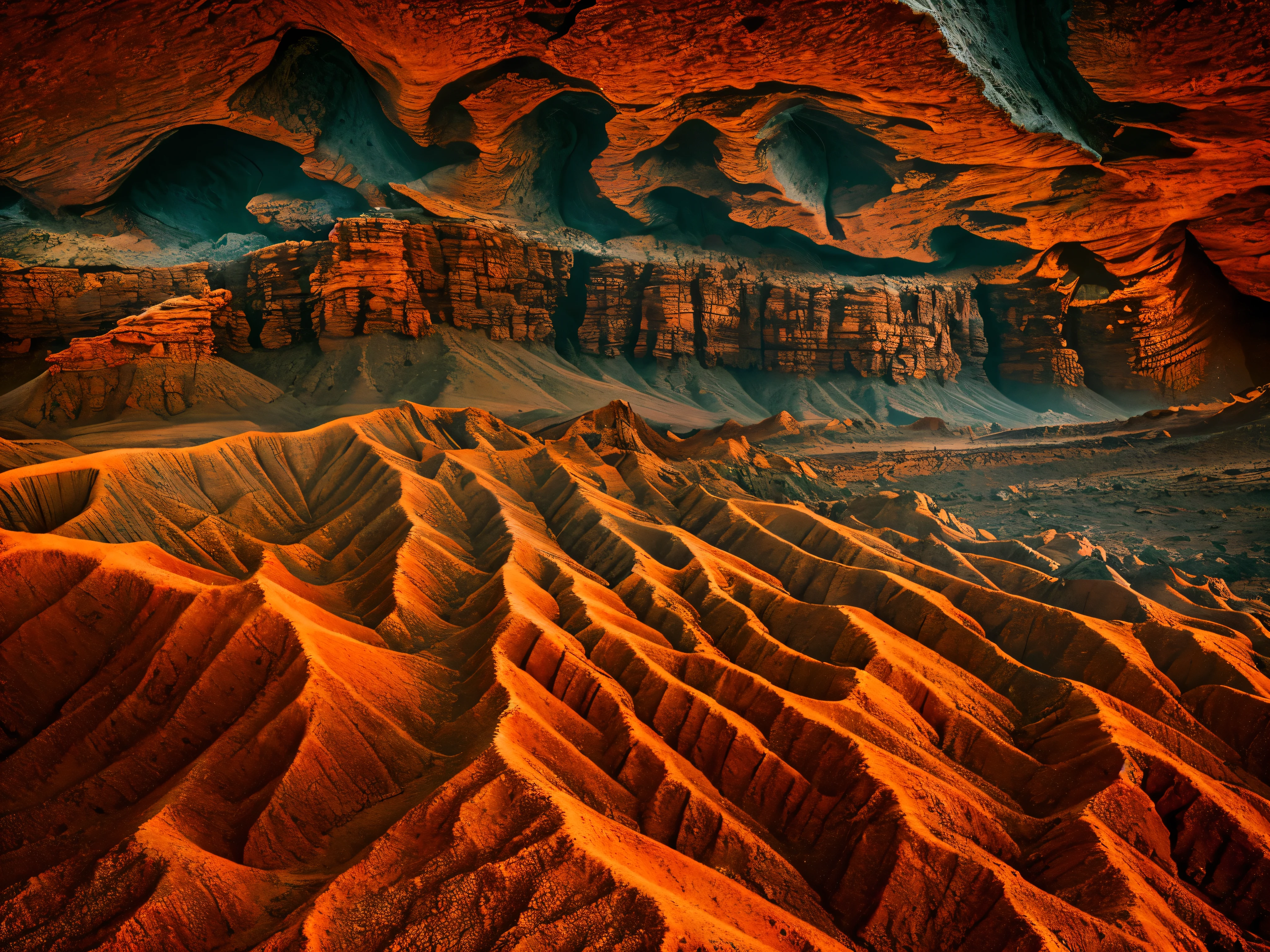 A mesmerizingly rugged Martian landscape, every feature teeming with ancient history: jagged rock formations in dusty reds and oranges, winding riverbeds etched into the barren ground, and distant mountains silhouetted against a blood-red sky. This awe-inspiring scene is captured in a stunning high-definition photograph, showcasing the intricacies of the planet's unique topography. The image beautifully showcases the raw, untamed beauty of Mars, inviting viewers to explore its otherworldly terrain.