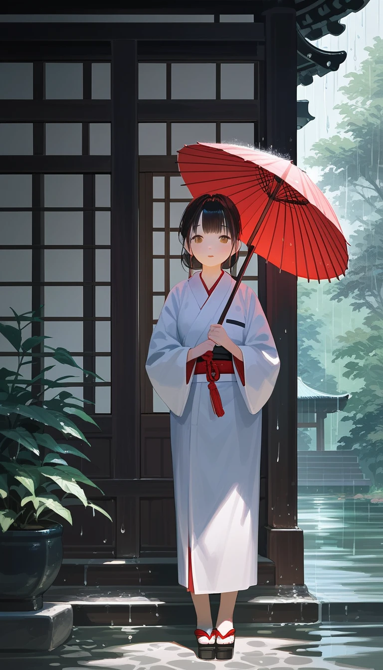 score_9, score_8_up, score_7_up, source_anime, detailed, 8k, cinematic angle, rating safe, wide shot, A woman in kimono holding an umbrella stands in a Japanese garden in the rain.