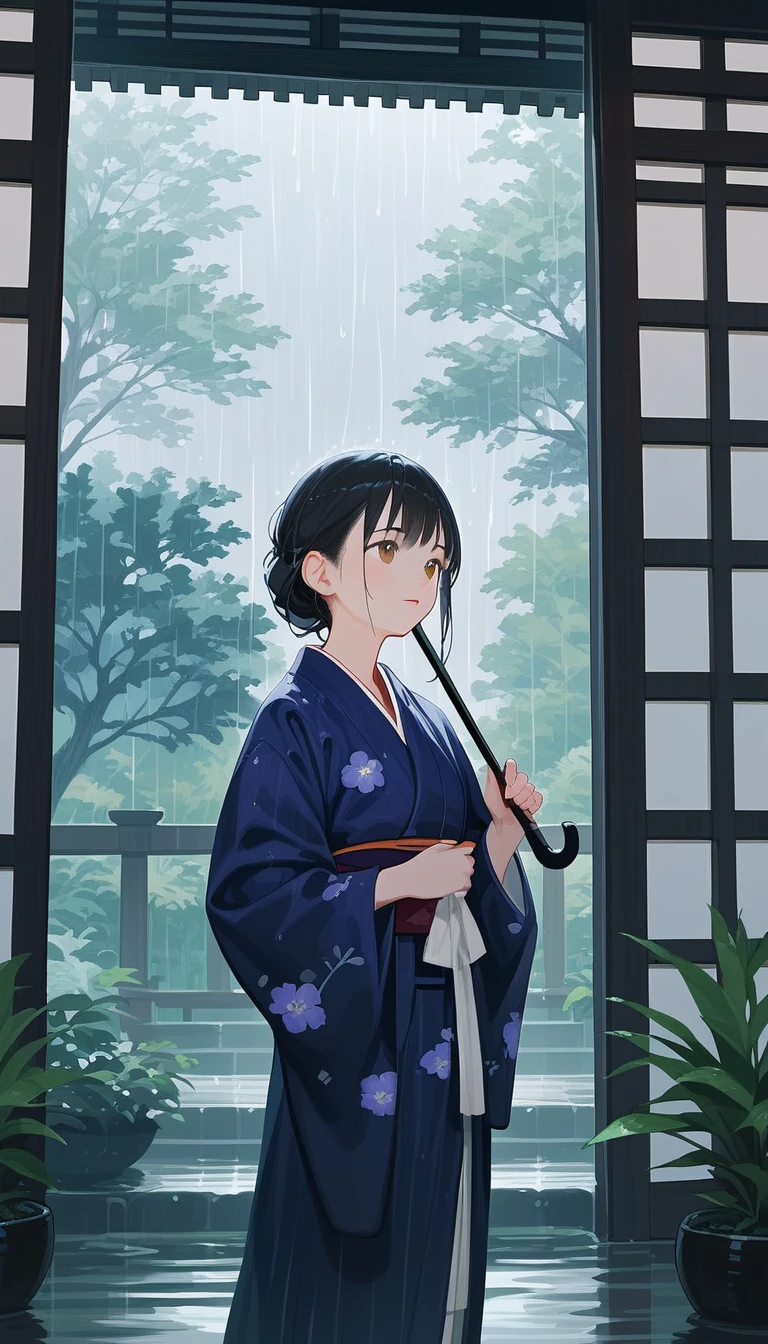 score_9, score_8_up, score_7_up, source_anime, detailed, 8k, cinematic angle, rating safe, wide shot, A woman in kimono holding an umbrella stands in a Japanese garden in the rain.