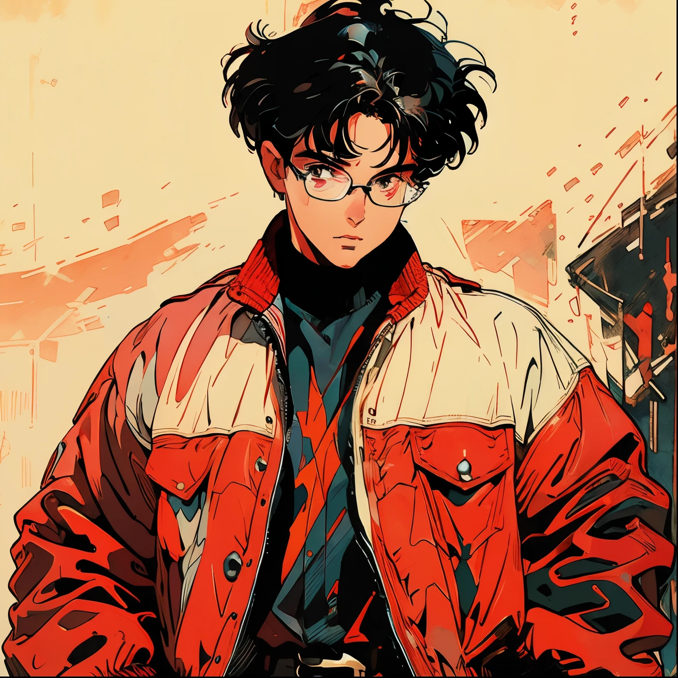 man, glasses, black hair, red eyes, leather clothes, hand in pocket, full body, blue