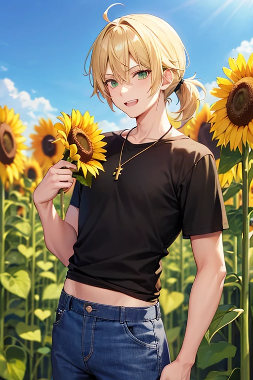 Anime boy, bared teeth smiling expression, with blonde hair tied up in short ponytail, green eyes, black T-shirt, blue jean shorts, gold cross necklace, standing in a tall sunflower field, holding sunflower in hands, 