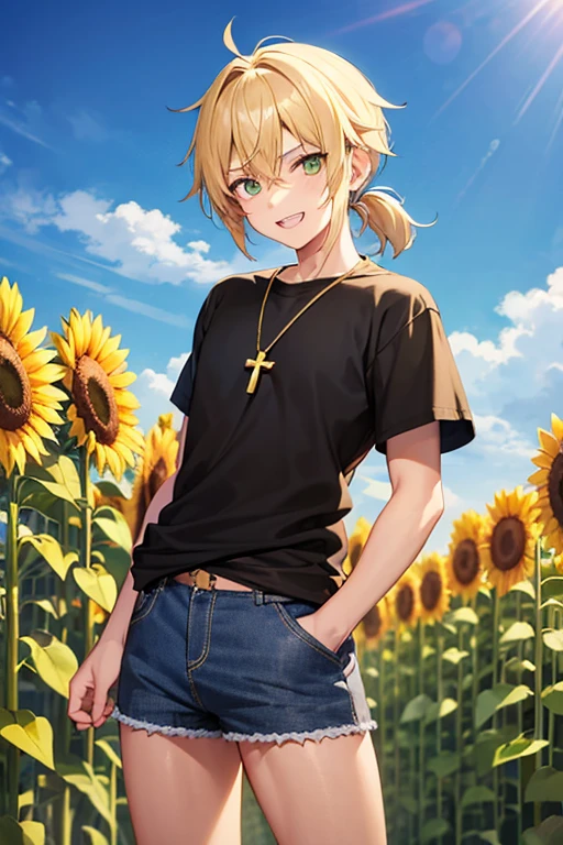Anime boy, bared teeth smiling expression, with blonde hair tied up in short ponytail, green eyes, black T-shirt, blue jean shorts, gold cross necklace, standing in a tall sunflower field, holding sunflower in hands,