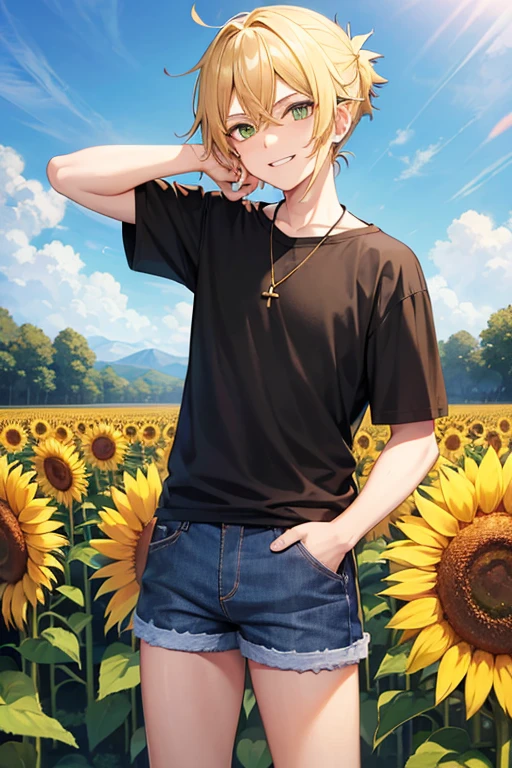 Anime boy, bared teeth smiling expression, with blonde hair tied up in short ponytail, green eyes, black T-shirt, blue jean shorts, gold cross necklace, standing in a tall sunflower field, holding sunflower in hands,