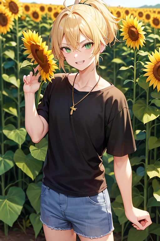 Anime boy, bared teeth smiling expression, with blonde hair tied up in short ponytail, green eyes, black T-shirt, blue jean shorts, gold cross necklace, standing in a tall sunflower field, holding sunflower in hands,
