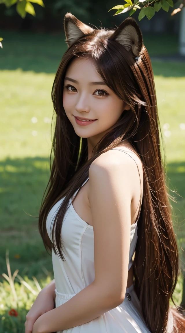 A 20-year-old gal-type beautiful girl、Flowing, outward-curling long hair、A neat and beautiful face、smile、looking at the camera、front、Vulpix、camisole、I can see your chest、mini skirt、mini skirtの中が見える、White panties are visible、White and beautiful thighs、Squatting in heels