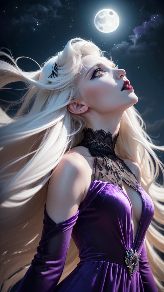 woman (((((serious, looking up, albino, night, dark, full moon, purple velvet evening gown, glowing yellow eyes)), black lips, dark makeup))), posing, dynamic cinematic pose, at night, dark, feminine muscular detailed body and face, highly detailed expressive , space above head, depth of field, ultra realistic, Fujifilm, BREAK (long white hair), (((8k, hyperrealistic)))