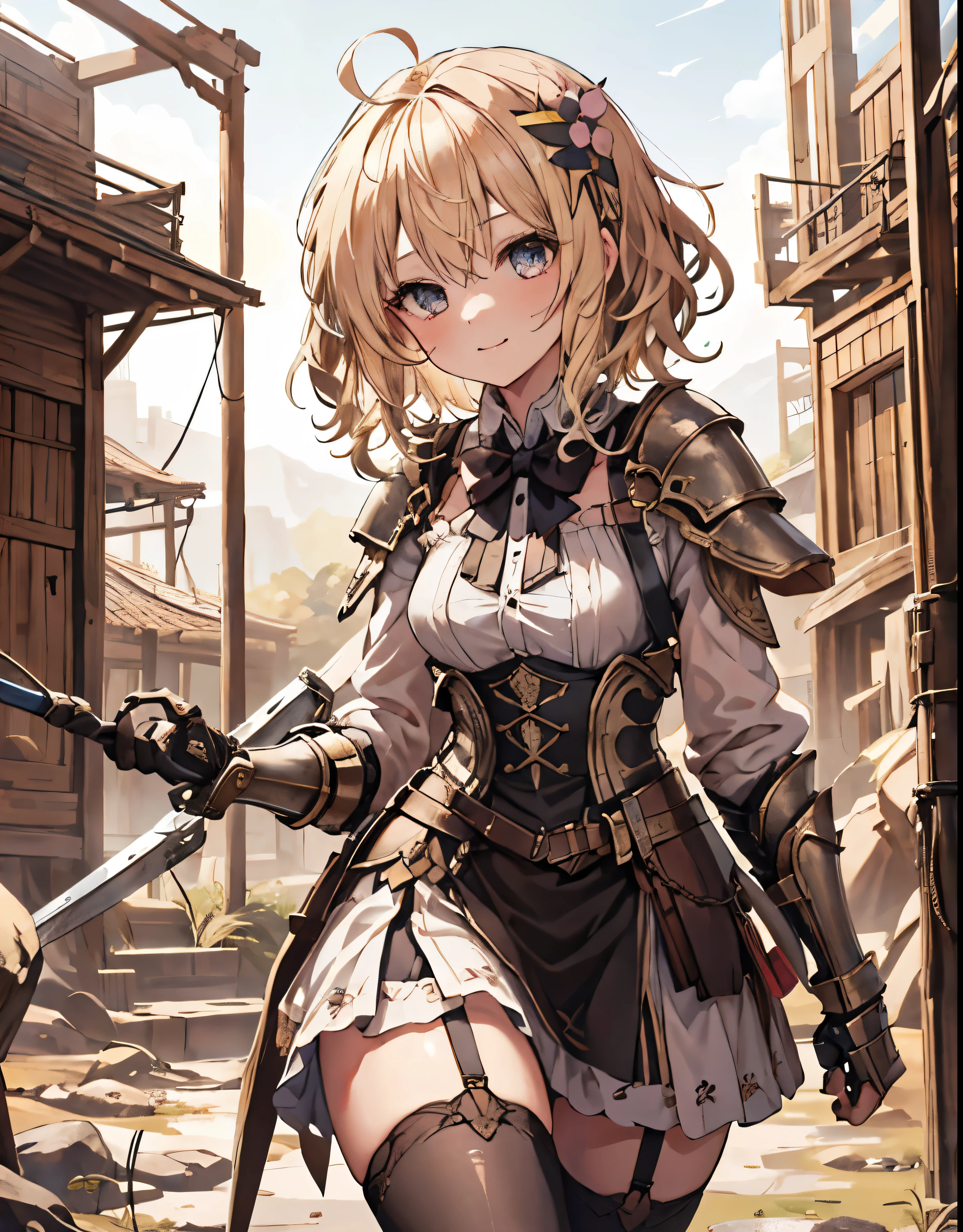 masterpiece, 1girl, sparrow, a blonde haired girl, wearing a full armor, curly short hair, messy hair, slim body, he close her left eye, shirt ornament, ruby eyes, ahoge, baby face, small breast, beautiful breasts, rounded breasts, long sleeves, beautiful eyes, white stocking, droopy eyes, her age is 19 years old, ricefield, bowtie, azusa_bluearchive, lovely face, medium hair, lovely smile, curly hair, knight armor