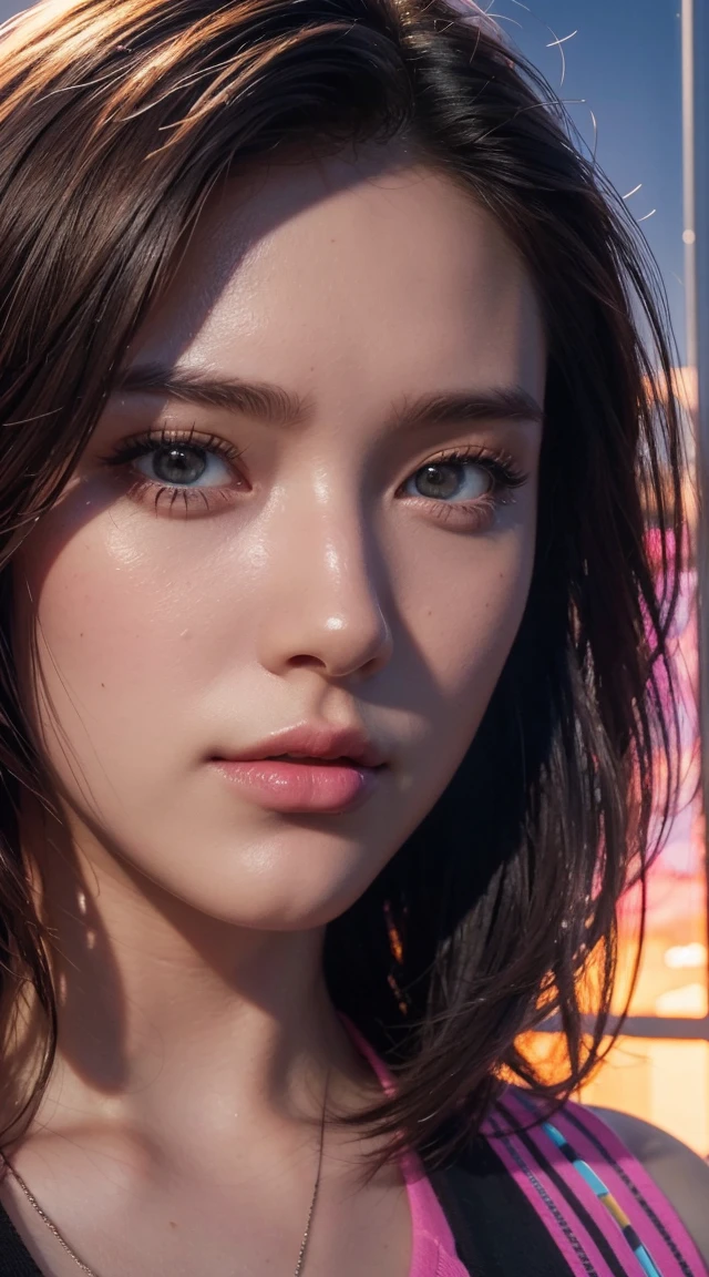 One girl, Colorful Themes, Synthwave Sky,(最high quality, high quality, High resolution), Realistic, Super detailed, Highly detailed facial features, Absurd, Realistic lighting and reflections, Highly detailed facial features, See-through shirt, Best Photos,high quality illustration