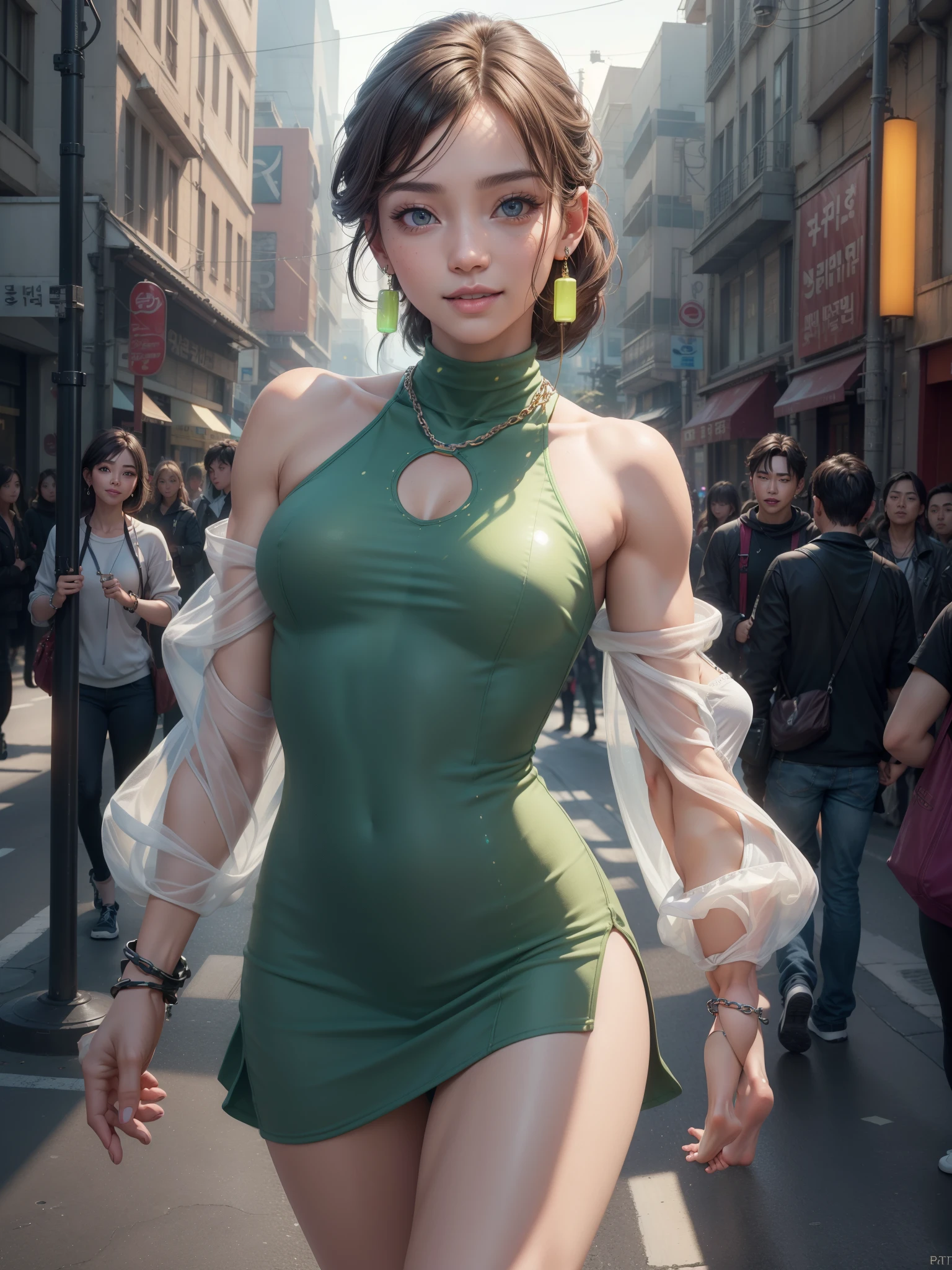 8k, Masterpiece, raw photo, Best Quality, detail: 1.2), photorealistic, fondos de pantalla CG unificados de 8k extremadamente detallados, depth of field, cinematic light, Lens flare, ray tracing (extremely beautiful face, Beautiful lips, beautiful eyes), intricate detailed face, ((Ultra detailed skin)) 1 girl, korean pretty girl, kpop idol, (Very lean and lean muscular body: 1.3), (big smile), (injection sleeve), (night background in the streets), cute korean girl, earrings, bracelet, neck, light eyes, walk, (pale skin), Face forward , (large eyes), ((Upper body shots)), Came back, rear shot, (Neon green tight mini dress with holes in front held with chains)  
